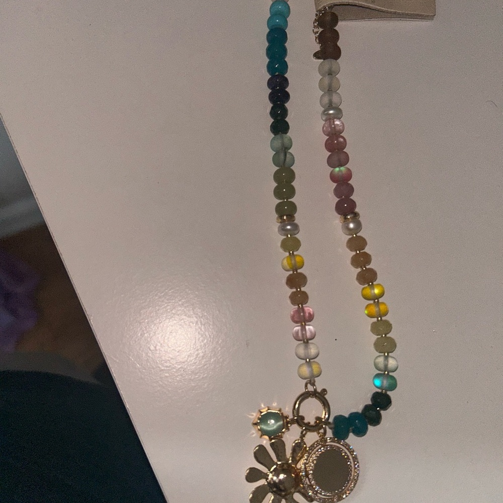 Anthropologie Colorful Beaded Necklace with Gold Charms